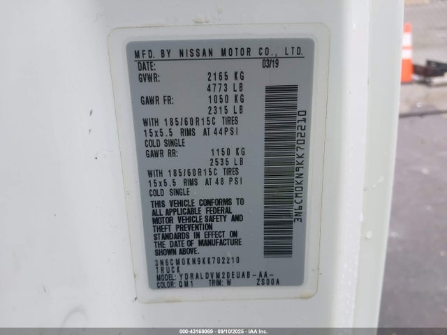 43169069 :رقم المزاد ، 3N6CM0KN9KK702210 vin ، 2019 Nissan Nv200 S مزاد بيع