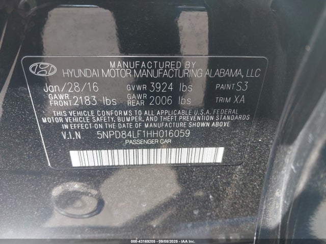 5NPD84LF1HH016059 Hyundai 2017