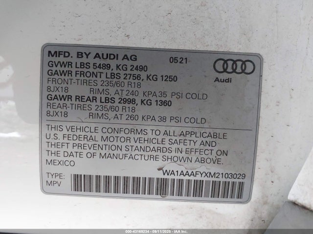 2021 Audi Q5 Premium 45 Tfsi Quattro S Tronic მანქანა იყიდება აუქციონზე, vin: WA1AAAFYXM2103029, აუქციონის ნომერი: 43169234