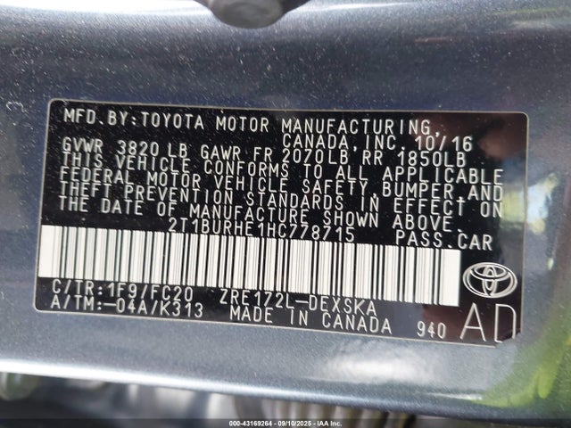 Toyota 2zr-fe 2017 2T1BURHE1HC778715 Image 9