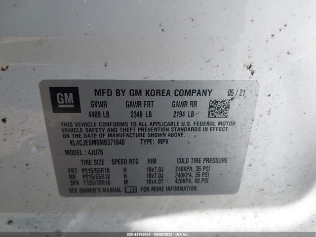 Aukcja sprzedaży 2021 Buick Encore Awd Preferred, vin: KL4CJESM6MB371840, numer aukcji: 43169640