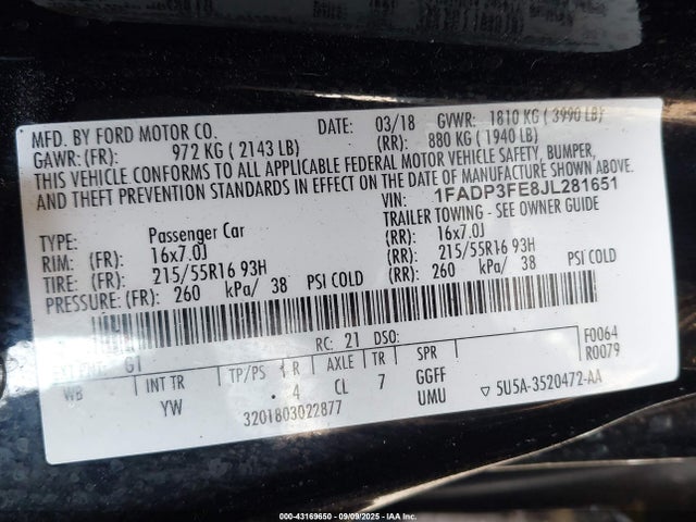 Продаж на аукціоні авто 2018 Ford Focus Se, vin: 1FADP3FE8JL281651, номер лоту: 43169650