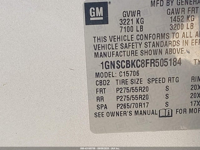 Продаж на аукціоні авто 2015 Chevrolet Tahoe Lt, vin: 1GNSCBKC8FR505184, номер лоту: 43169709