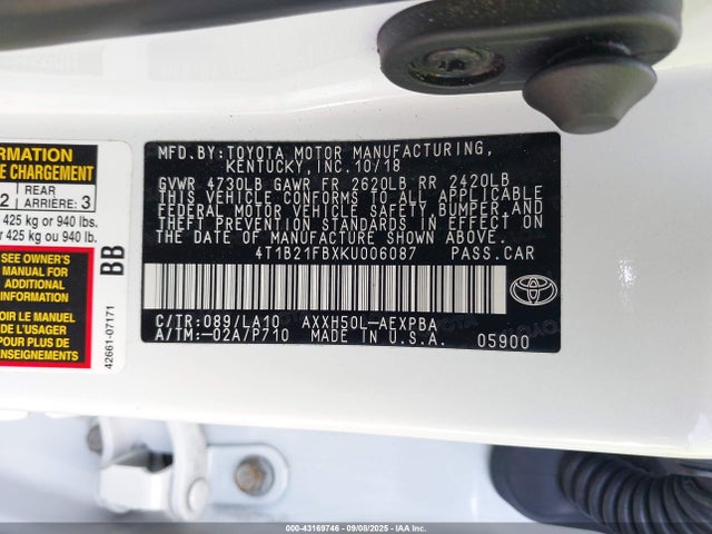 4T1B21FBXKU006087 Toyota a25a-fxs, 3nm