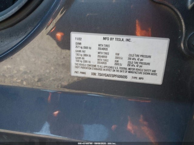 2023 Tesla Model Y მანქანა იყიდება აუქციონზე, vin: 7SAYGAEE0PF606695, აუქციონის ნომერი: 43169768