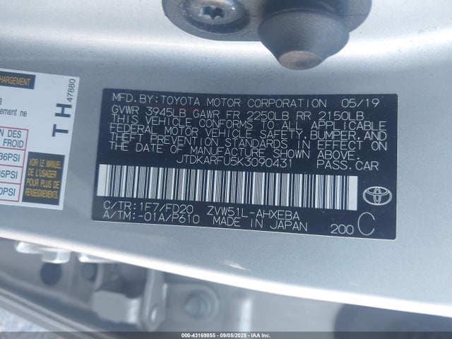 JTDKARFU5K3090431 Toyota 2zr-fxe,1nm+1mm