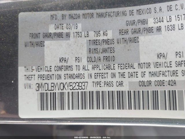 3MYDLBYV0KY523937 Toyota YARIS L