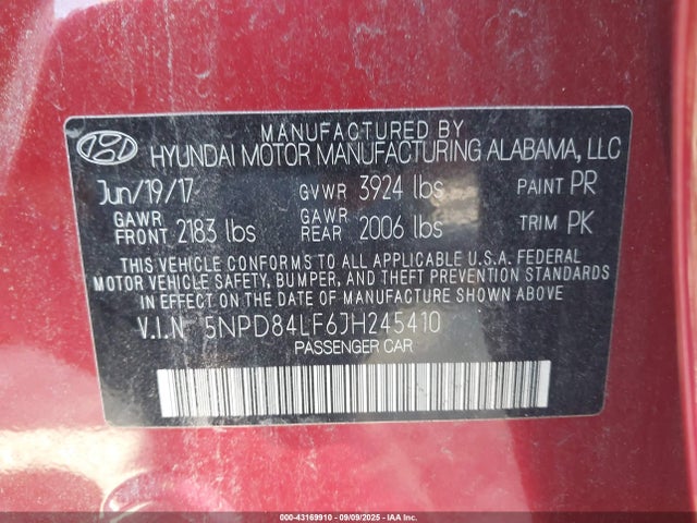 5NPD84LF6JH245410 Hyundai mpi nu
