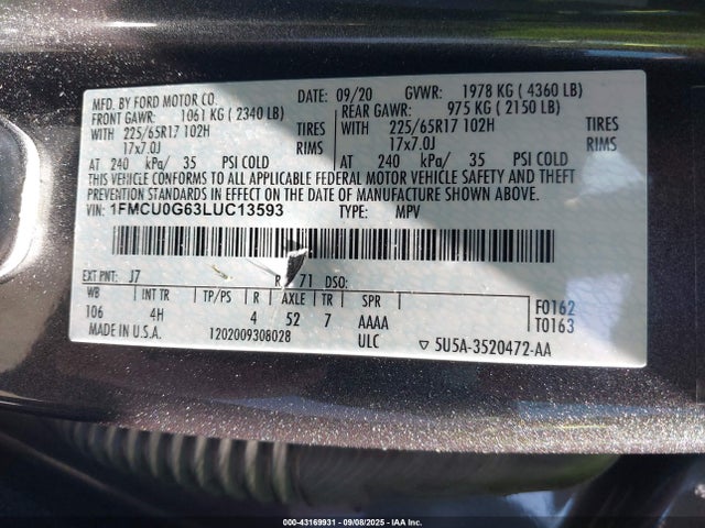 Ford Escape 2020 1FMCU0G63LUC13593 Image 9