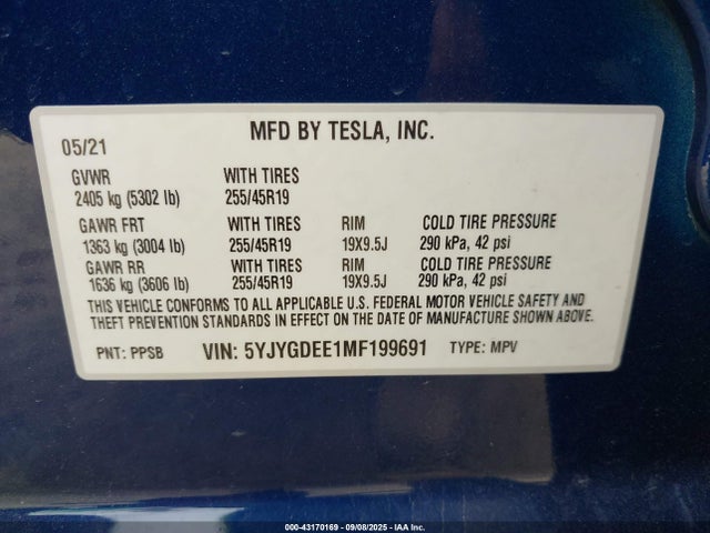 2021 TESLA MODEL Y 5YJYGDEE1MF199691 Photo 8