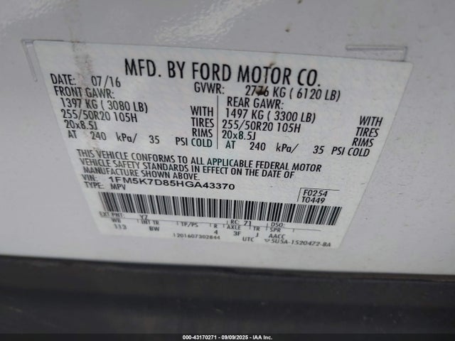 Ford 3.5l ti-vct 2017 1FM5K7D85HGA43370 Image 9
