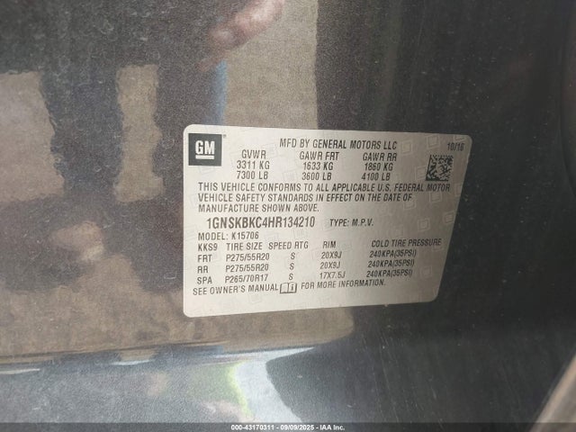 1GNSKBKC4HR134210 Chevrolet l83 - sidi: spark ignited direct injection, vvt: variable valve timing, afm, e85 max, alum