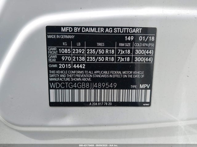 WDCTG4GB8JJ489549 Mercedes-Benz 270