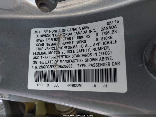 Honda k20c2 2016 2HGFC2F54GH536988 Image 9