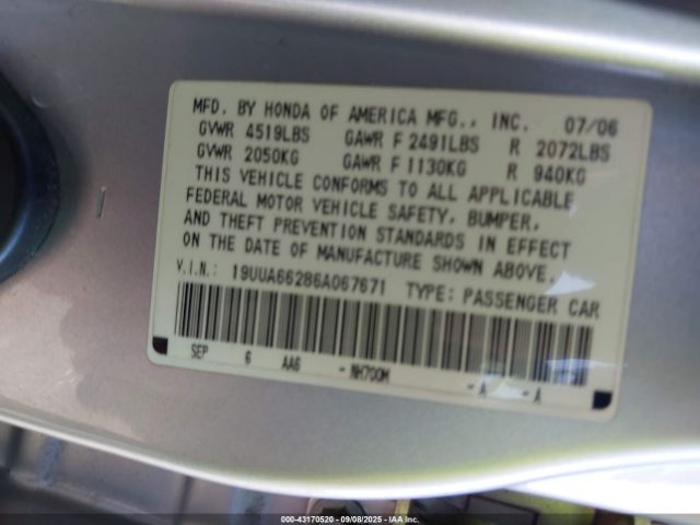 2006 ACURA TL 19UUA66286A067671 Photo 8