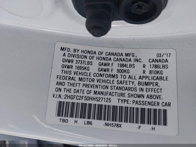 Honda k20c2 2017 2HGFC2F50HH527125 Image 9