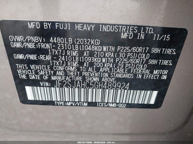 Aukcja sprzedaży 2016 Subaru Forester 2.5i Limited, vin: JF2SJAHC5GH489924, numer aukcji: 43170599