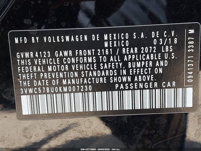 3VWC57BU0KM007230 Volkswagen 1.4 tsi