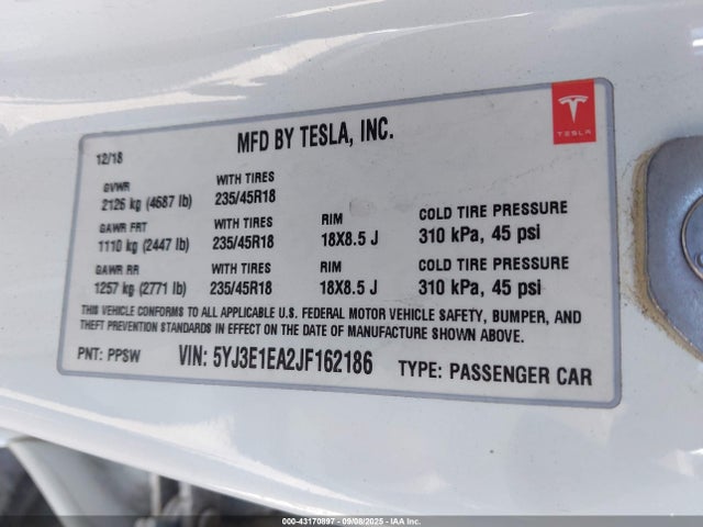 2018 TESLA MODEL 3 5YJ3E1EA2JF162186 Photo 8
