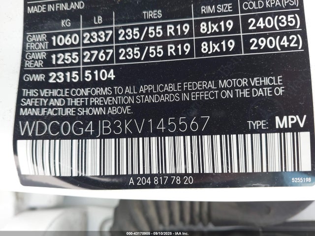 Mercedes-Benz m274 2019 WDC0G4JB3KV145567 Image 9