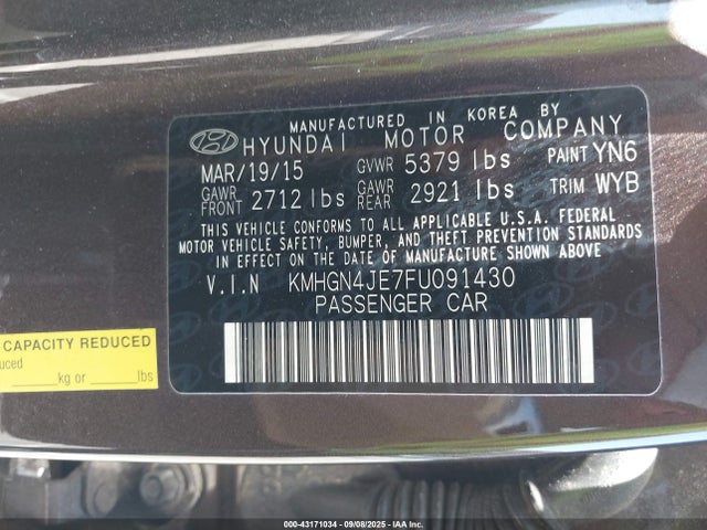 Aukcja sprzedaży 2015 Hyundai Genesis 3.8l, vin: KMHGN4JE7FU091430, numer aukcji: 43171034