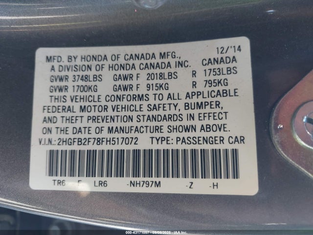 Honda r18z1 2015 2HGFB2F78FH517072 Image 9