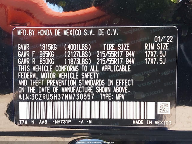3CZRU5H37NM730557 Honda r18z9