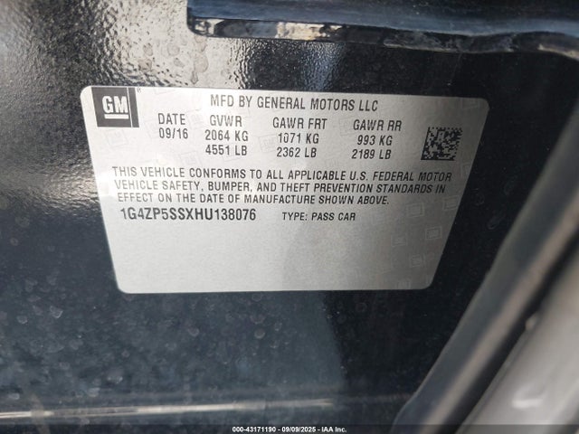 1G4ZP5SSXHU138076 Buick lgx -di: direct injection - vvt: variable valve timing - alum - gen 2