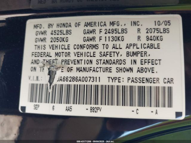 2006 ACURA TL 19UUA66286A007311 Photo 8