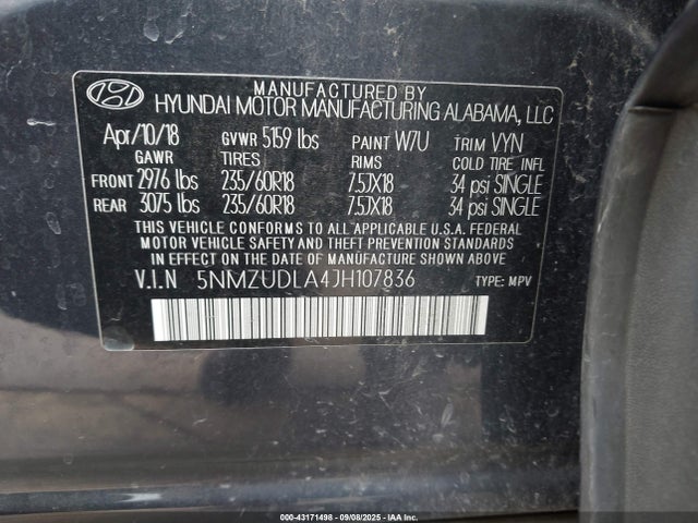 5NMZUDLA4JH107836 Hyundai t-gdi theta ii