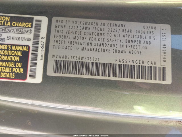 Aukcja sprzedaży 2008 Volkswagen Rabbit, vin: WVWAB71K88W236931, numer aukcji: 43171602