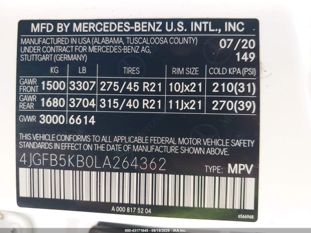 43171645 :رقم المزاد ، 4JGFB5KB0LA264362 vin ، 2020 Mercedes-benz Gle 450 4matic مزاد بيع
