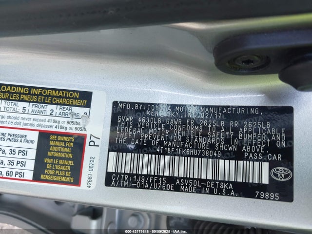 Toyota 2ar-fe 2017 4T1BF1FK6HU738049 Image 9