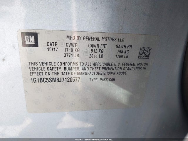 1G1BC5SM8J7120577 Chevrolet le2 -di: direct injection, vvt: variable valve timing, gen, alum