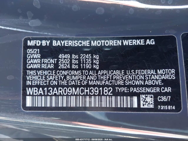 WBA13AR09MCH39182 BMW 2021