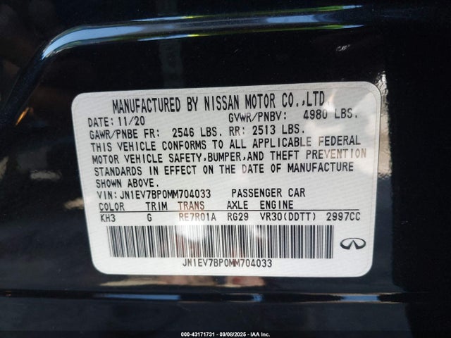 JN1EV7BP0MM704033 Infiniti 3.0l t