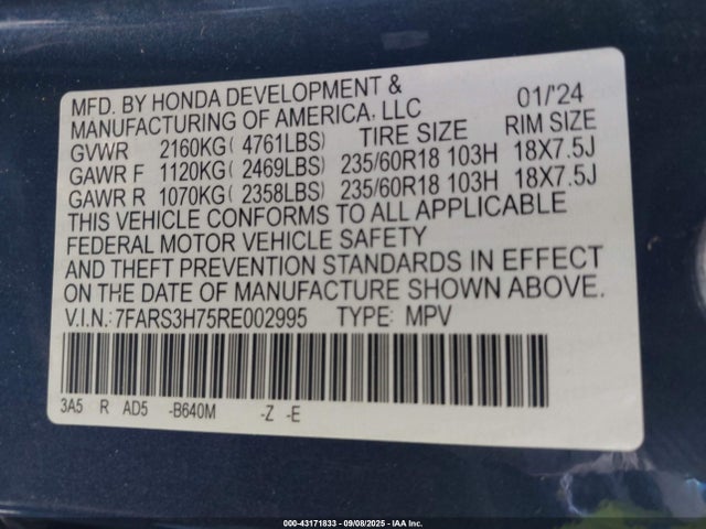 43171833 :رقم المزاد ، 7FARS3H75RE002995 vin ، 2024 Honda Cr-v Ex-l 2wd مزاد بيع