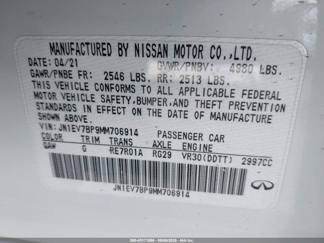 JN1EV7BP9MM706914 Infiniti 3.0l t