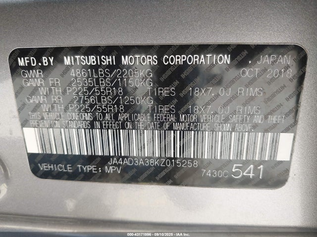 2019 MITSUBISHI OUTLANDER JA4AD3A38KZ015258 Photo 8