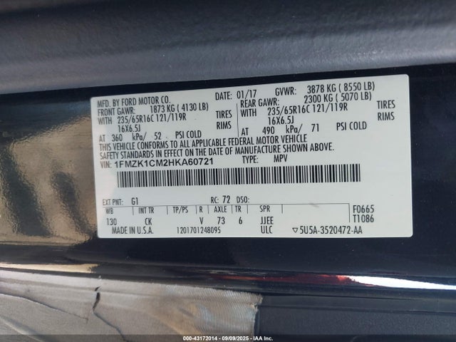 43172014 :رقم المزاد ، 1FMZK1CM2HKA60721 vin ، 2017 Ford Transit-150 Xlt مزاد بيع