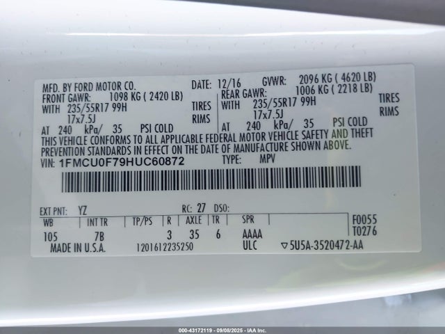 Ford 2.5l i-vct 2017 1FMCU0F79HUC60872 Image 9