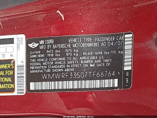 2007 MINI COOPER WMWRF33507TF66764 Photo 8