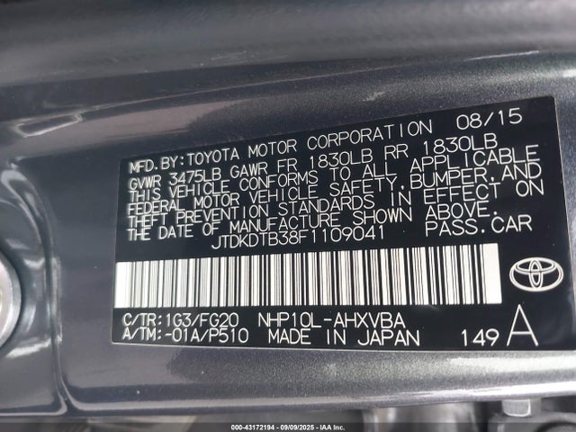 JTDKDTB38F1109041 Toyota 1nz-fxe+1lm
