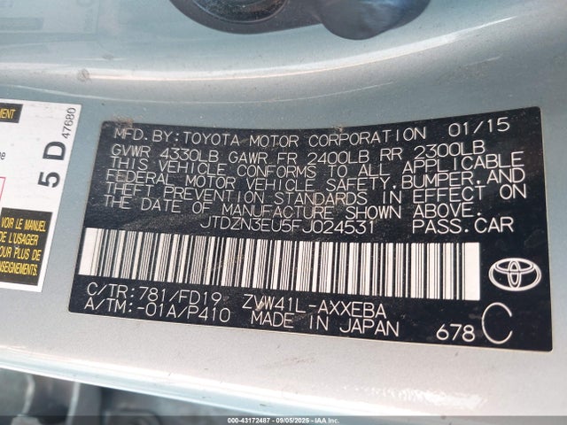 JTDZN3EU5FJ024531 Toyota 2zr-fxe+5jm