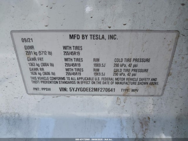 2021 TESLA MODEL Y 5YJYGDEE2MF270641 Photo 8
