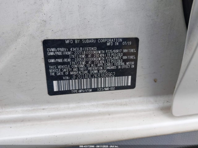 Subaru naturally aspirated 2019 JF2GTADC2K8368962 Image 9