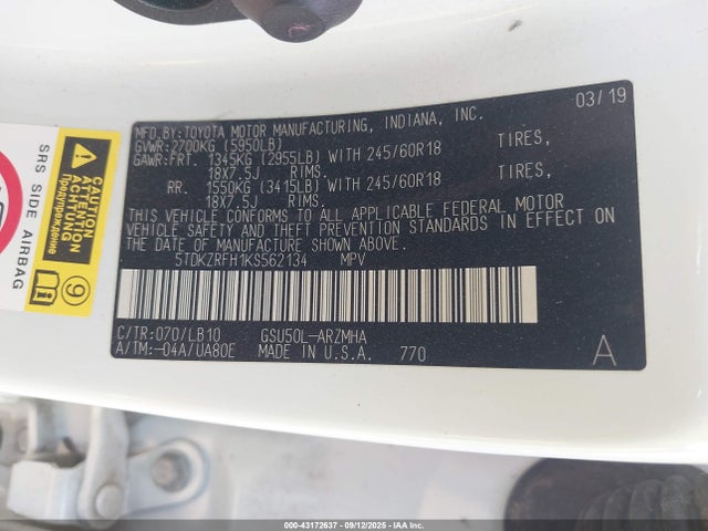 5TDKZRFH1KS562134 Toyota 2gr-fks