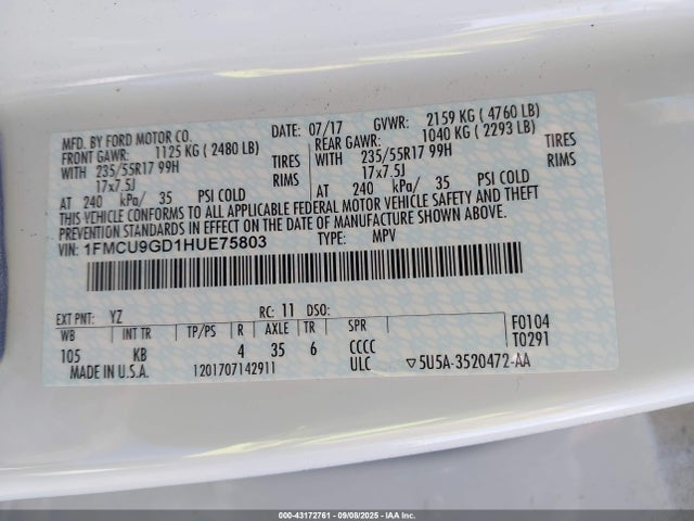 1FMCU9GD1HUE75803 Ford gtdi sigma w/premium fuel