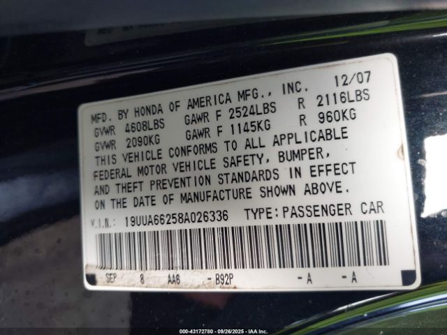 2008 ACURA TL 19UUA66258A026336 Photo 8