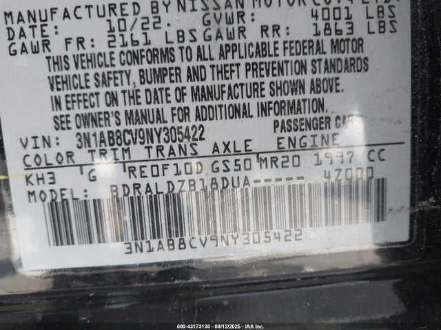3N1AB8CV9NY305422 Nissan 2022
